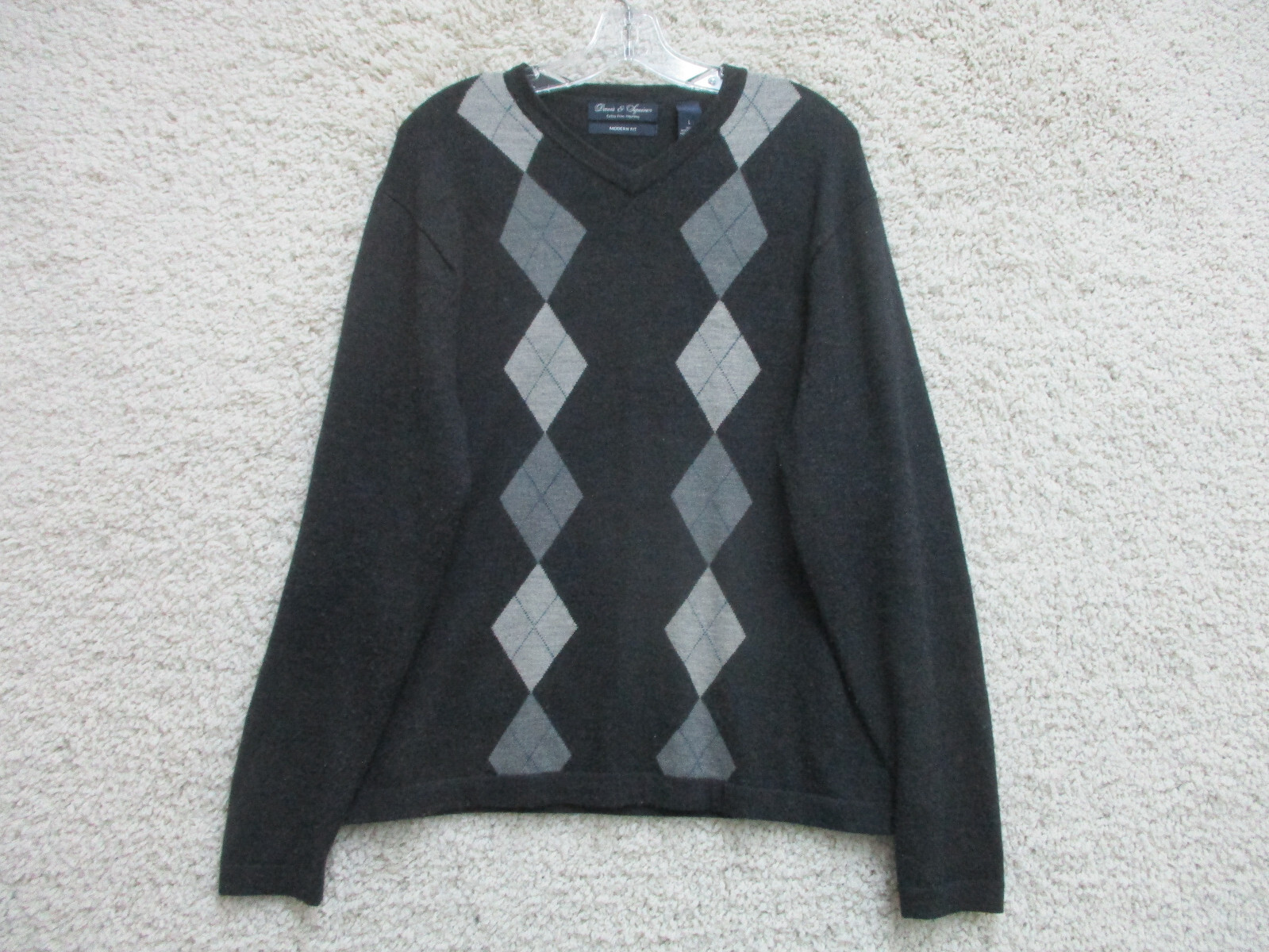 Davis & Squire Sweater Large Gray Pullover Argyle Extra Fine Merino Wool Mens L