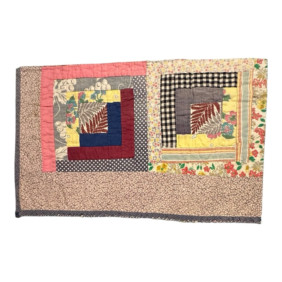 Vintage Cutter Quilt Piece 14” x 22” Log Cabin  Feed Sack Fabrics  #1 - Image 2 of 4