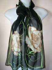 PEACH ROSES SILK Scarf Shawl Sequined Black Sheer Green Handrolled 60 x 13 1/2"