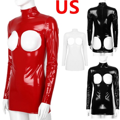 Women's Latex Leather Mini Dress Cutout Slim Fit Bodycon Dress Party Clubwear - Picture 4 of 59