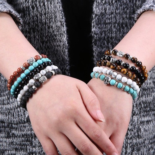 Men Women 8mm Tiger Eye/Turquoise/Agate/Lava Stone Round Beads Elastic Bracelet - Bild 6 von 16