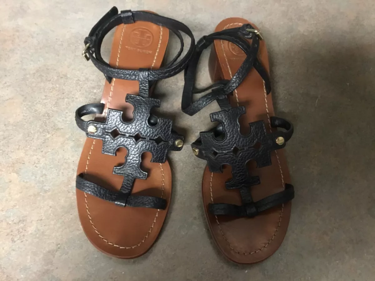 Tory Burch Chandler Black Block Heel Sandals Size 8.5 M CON52
