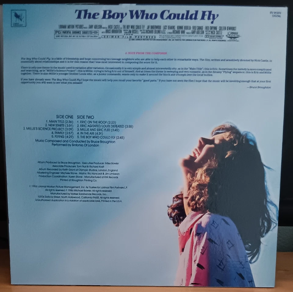 Bruce Broughton ‎– The Boy Who Could Fly - 1986 LP Record excellent, cover VG+ - Image 2 of 3