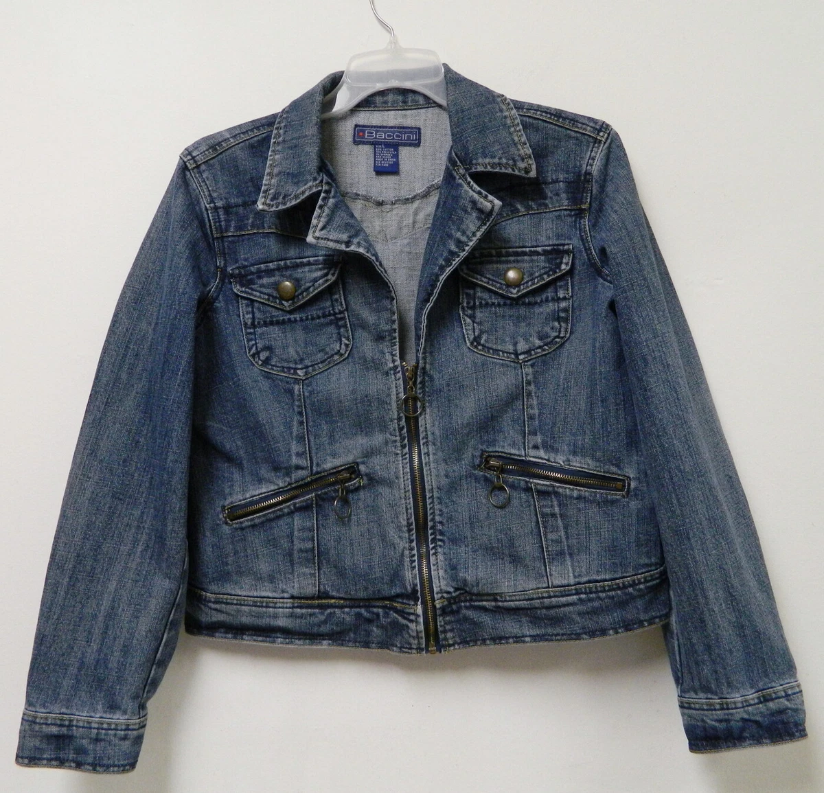 BACCINI BLUE DENIM JEAN JACKET FULL ZIP WOMENS LARGE ZIP POCKETS RING PULLS