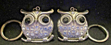 OWL KEY CHAINS Silver tone, Rhinestones, Faux black onyx eyes 1 Pr SHIP FEE USA