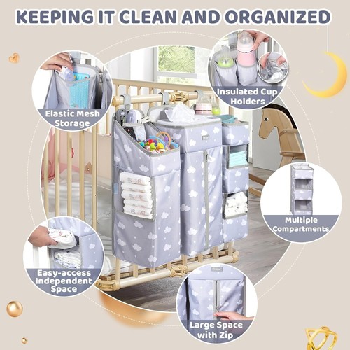 XL Hanging Diaper Caddy Organizer - Portable Baby Essentials Storage, Grey Cloud - Picture 5 of 8