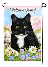 Welcome Spring Garden Flag - Black and White Tuxedo Cat