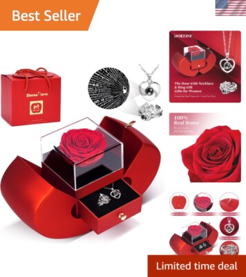Eternal Love: Preserved Real Rose with I Love You Necklace and Ring Set