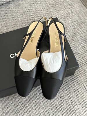 Size 36EU NEW CHANEL Goatskin Grosgrain Cap Toe CC Slingback Flat