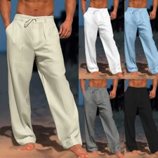 Mens Cotton Linen  Straight Leg Pants Casual Elastic Waist Drawstring Trousers