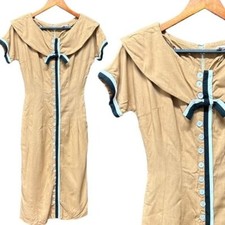 Kate Windsor 50s 60s vintage midi dress tan with black white bow fits small