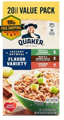 Quaker Instant Oatmeal Variety Pack 20 Packets Apples Cinnamon Maple Sugar