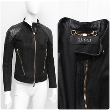 Authentic Women's GUCCI Leather Biker Jacket Black RARE Size 38, XS