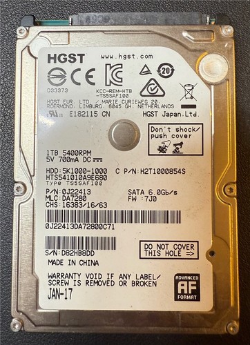 HGST, 1TB, 5K1000-1000, HTS541010A9E680, S/N: D82HB8DD, SATA HDD