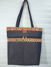 Denim Tote Bag for Women  Ethnic Embroidered Bag 4 Slots - 14 inch