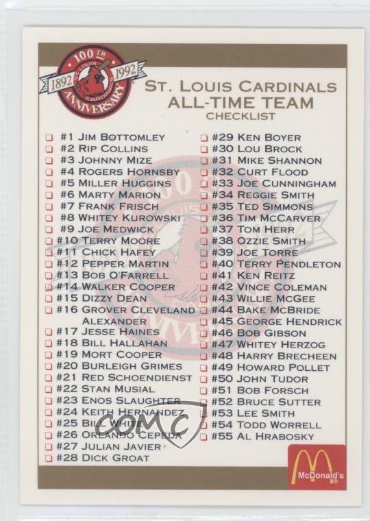 1992 Pacific McDonald's St Louis Cardinals 100th Anniversary Checklist d4y