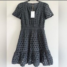 NWT Quince Eyelet Dress Black Mini Tiered Organic Cotton RUFFLE Office Womens M