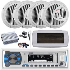 Pyle Bluetooth Marine Radio,Cover,Antenna,Amp w/Kit, 4x 6.5'' 150W White Speaker
