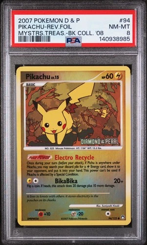 2007 POKEMON DIAMOND & PEARL MYSTERIOUS TREASURES #94 PIKACHU-REVERSE FOIL PSA 8
