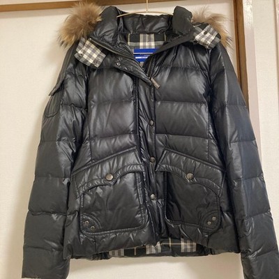 Burberry Blue Label Black Down Jacket Short Hooded Fur Detachable Size 40