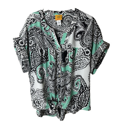 Ruby Rd Blouse Size XL Top Button Up Tie Waist Paisley Black Green White