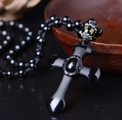 Natural crystal black obsidian cross necklace Amulet pendant with chain