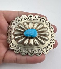 Vtg Navajo Nickel Silver High Grade Fox Turquoise Stamped Concho Belt Buckle 3"