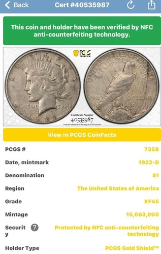 1922-D $1 SILVER Peace Dollar PCGS XF45 🌟🌟🌟 Denver Mint 💯 Plus Years Old