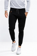 Mens Black Slim Fit Joggers Zip Pockets Gym Tracksuit Bottoms Rib Cuff