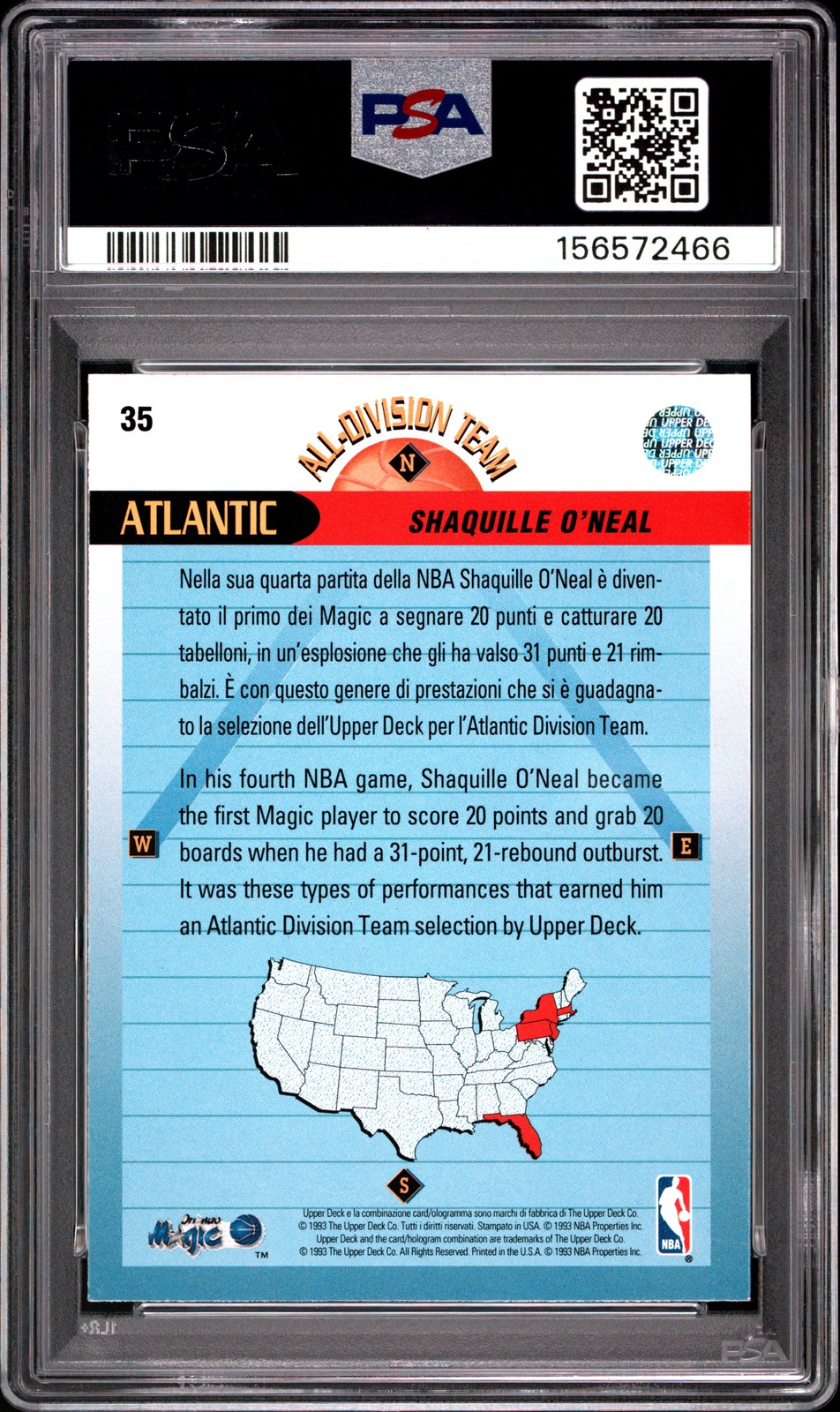 1992 UPPER DECK INTERNATIONAL ITALIAN #35 SHAQUILLE O'NEAL ROOKIE RC PSA 8 view 2