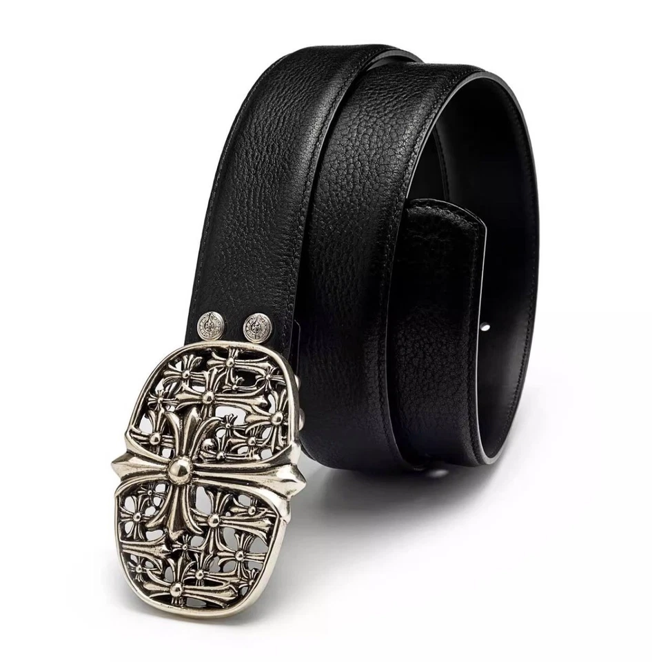 Chrome Hearts Style Black Leather Belt Silver Cross Buckle  - Photo 1/1