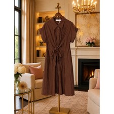 Mango MNG Chocolate Brown Tie Front Button Shirt Dress Size 6 NWOT Business