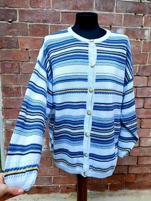 Vintage Stefanel Strickjacke Baumwolle Gestreift Hellblau Blau Sweater Cotton Gr. L Gestreift