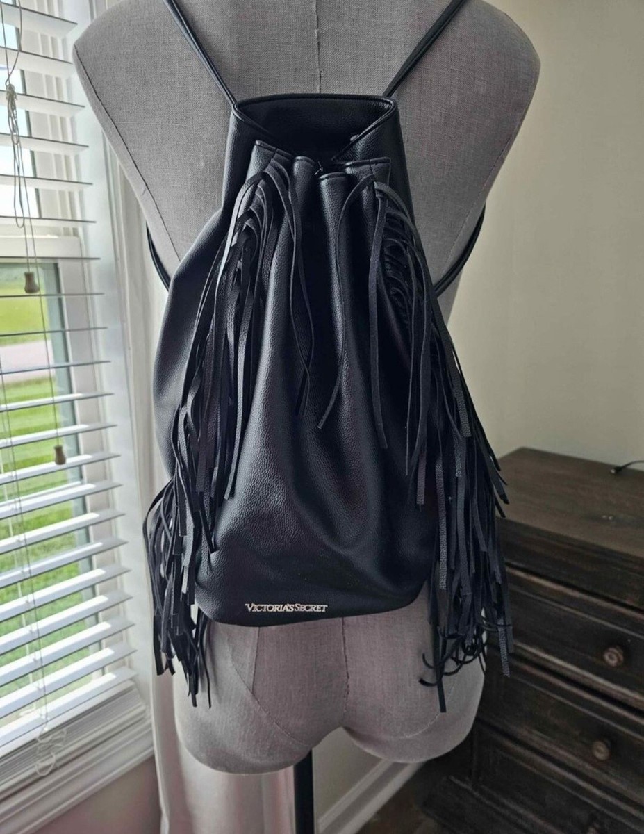 Victoria's Secret Bag Backpack Purse Black Faux Leather Fringe