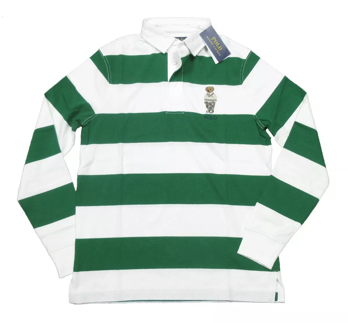 Polo Ralph Lauren Green/White Stripe Polo Bear Custom Slim Fit Rugby Polo Shirt