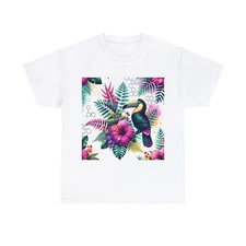Unisex Adult T Shirt Tropical Hibiscus Fern Toucans Beach Summer Tee Streetwear