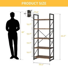 Uforic 5-Shelf Bookcase, 62’ Industrial Open Shelf Storage, Brown
