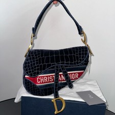 New Christian Dior Saddle Handbag In Blue Crococ Velvet Hand Bag Navy Blue