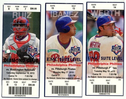 LOT OF 3, 2010 PHILADELPHIA PHILLIES BASEBALL TICKET STUBS, WERTH, RUIZ, IBANEZ