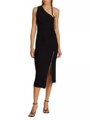 Helmut Lang Asymmetrical Zip One Shoulder Stretch Crepe Midi