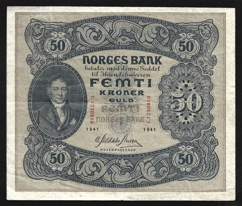 World Paper Money - Norway 50 Kroner 1941 P9d @ Fine W/Small Tear Tough Date - Picture 1 of 2