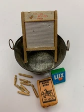 Vintage Miniature Washboard Laundry Basin Lux Soap Blue Bird Starch Clothespins