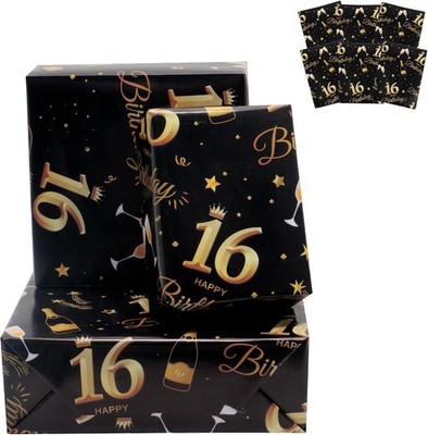 6 Sheets 16th Birthday Wrapping Paper, 70x50cm Black and Gold Happy Birthday
