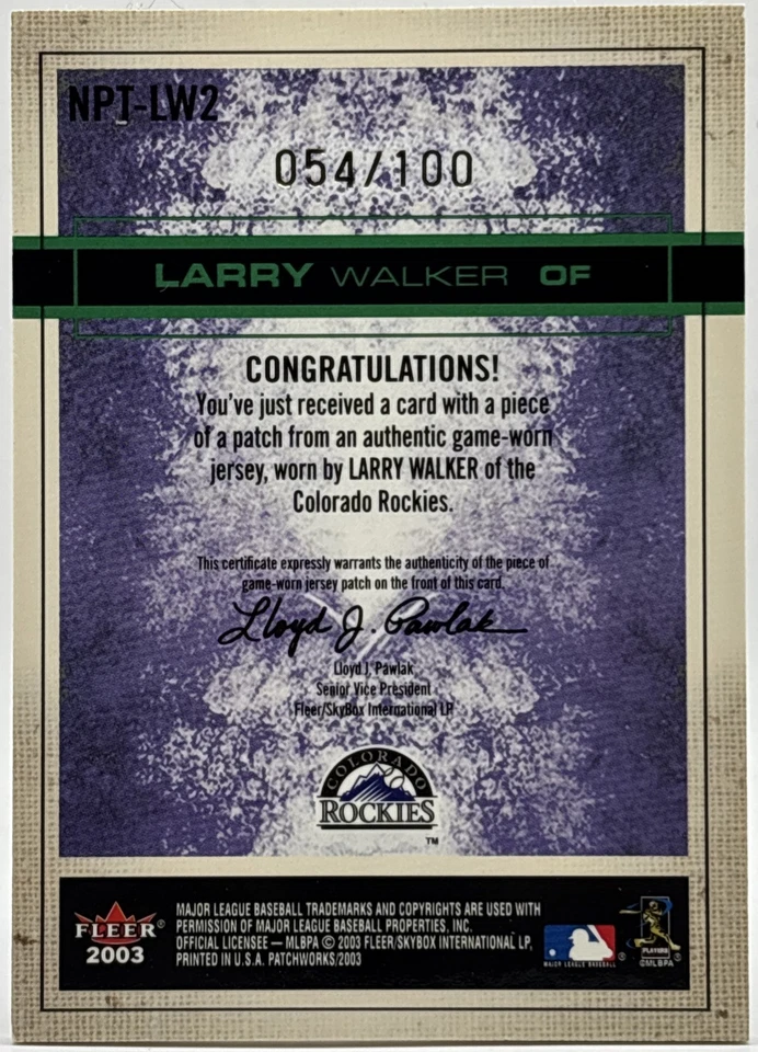 2003 Fleer Patchworks - Larry Walker - GU Laundry Tag Patch /100  Rockies Read - Image 2 of 2