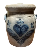 1989 ROWE Salt Glazed Pottery 7” Tall Crock Jar w/ Lid, 2 Ear Handles