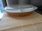 Pyrex Americana Divided Serving Dish Lidded Brown Gold Details