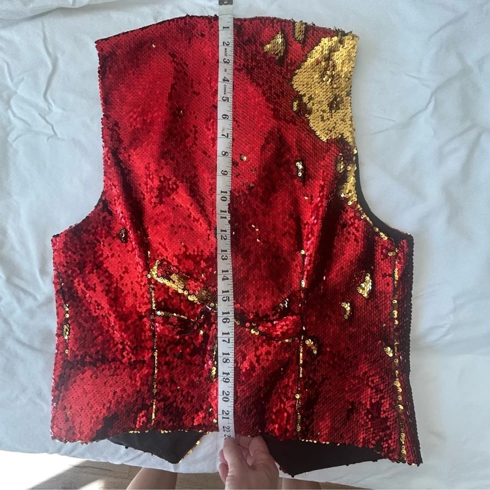 Chaleco de lentejuelas rojo y dorado de vacaciones - unisex talla 40 ajuste ajustable Foto 3 de 4