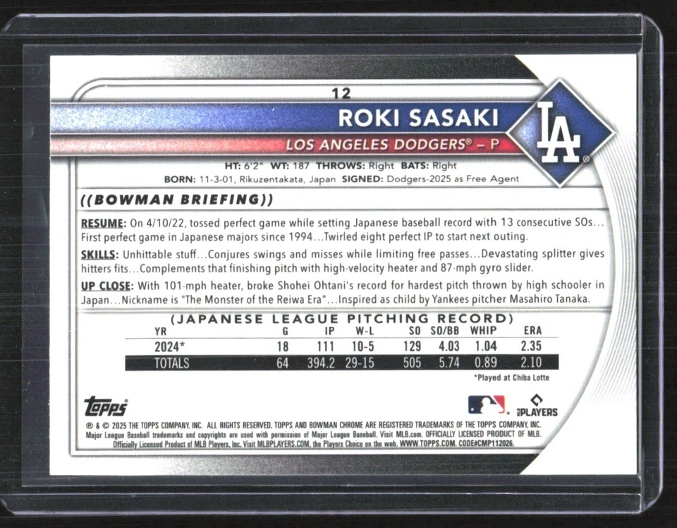 Bowman Chrome Roki Sasaki RC 2025 refractor geométrico acuático/125 Dodgers #12 Foto 2 de 2