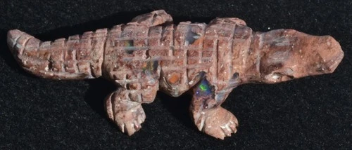 MEXICAN NATURAL MATRIX MULTI-COLOR FIRE OPAL ALIGATOR STONE CARVED FIGURINE