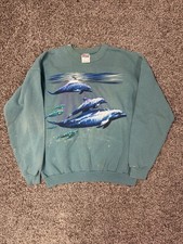 Vintage 90s Dolphin Crewneck Sweatshirt Hanes USA Ocean Graphic L
